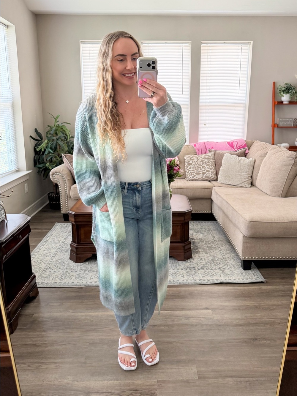 POL Long Ombre Pastel Open-Front Cardigan - Mint, Gray, Cream